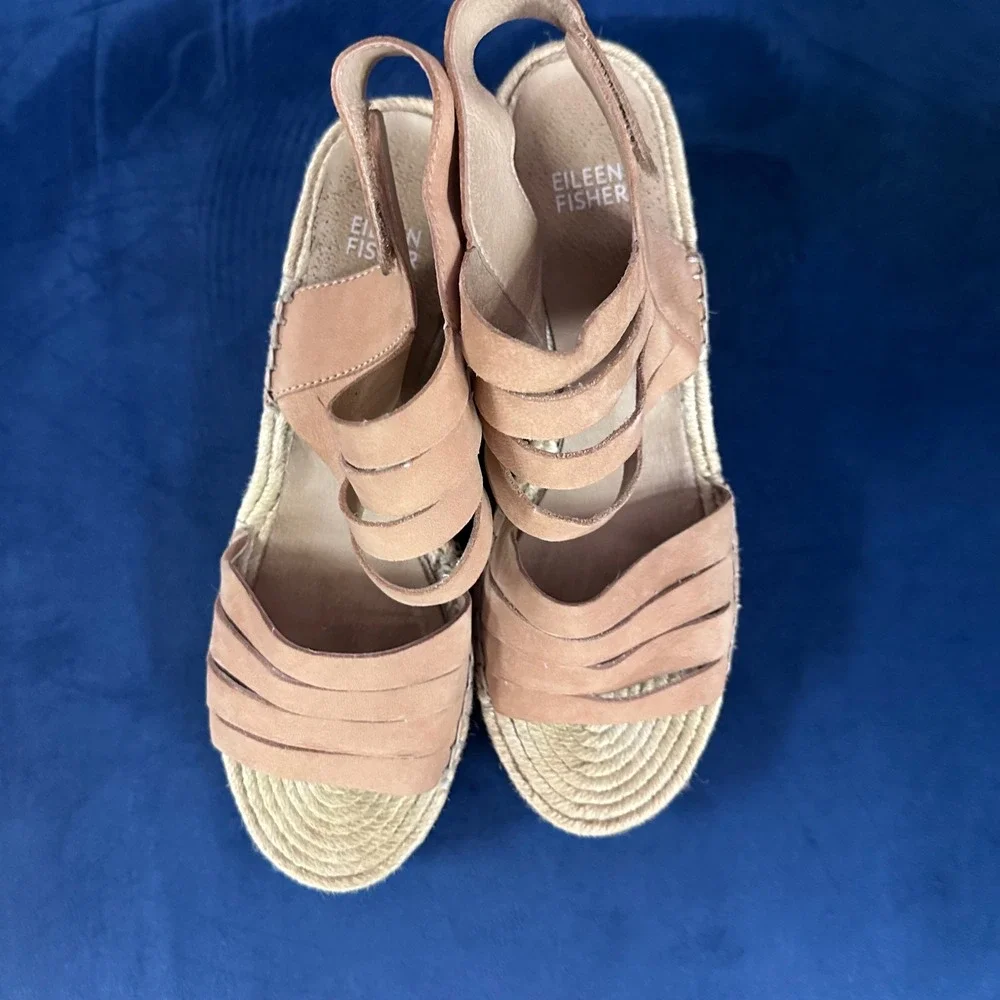 Eileen Fisher Espadrille Wedge Sandals tan Strappy Ankle Strap Size 9 platform